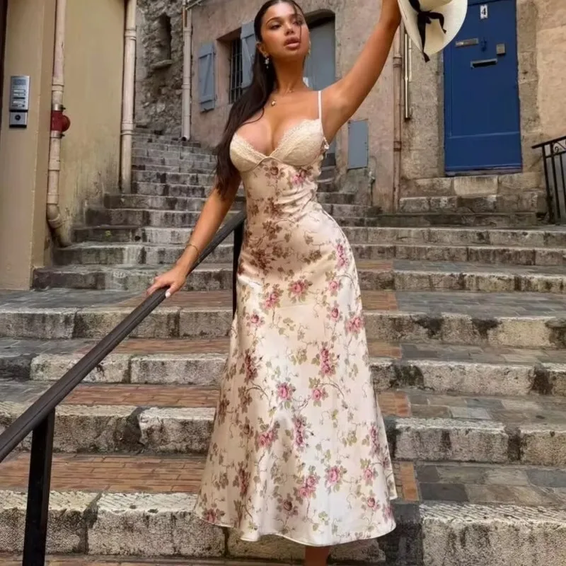 

2025 Summer New Lace Splicing Peony Print Dress Sleeveless V-neck Suspender Dresses Long Holiday Bohemian Beach Dress