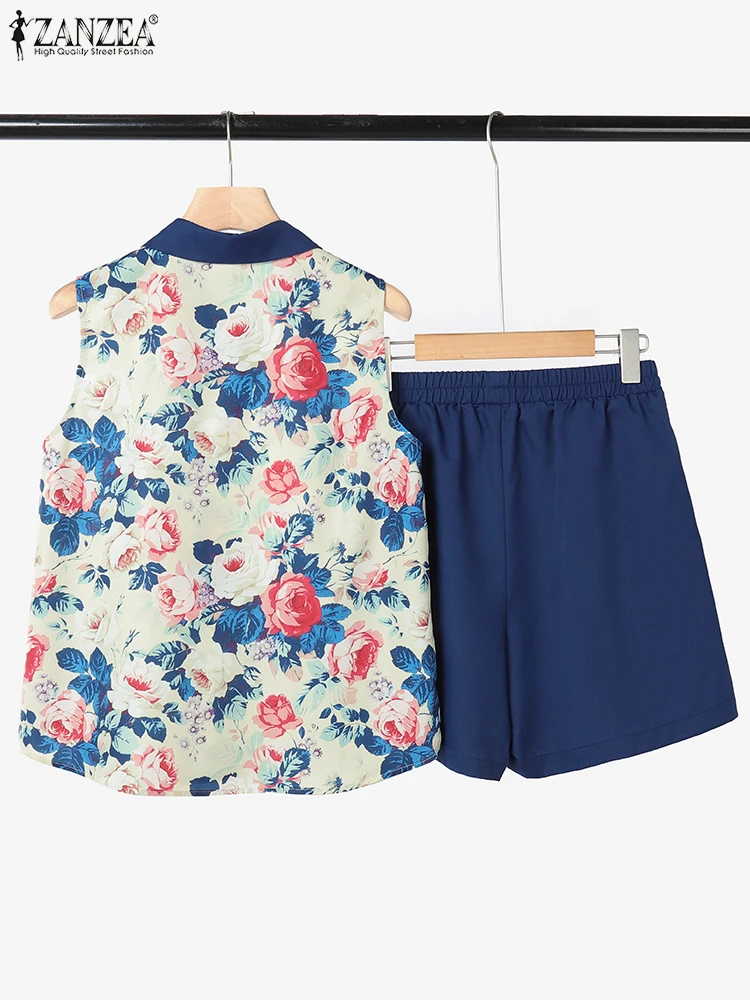 ZANZEA Set 2 Potong Wanita Fashion Pakaian 2 Potong Musim Panas Kemeja Cetak Tanpa Lengan Setelan Pendek Set Liburan Kasual Yang Cocok 2025