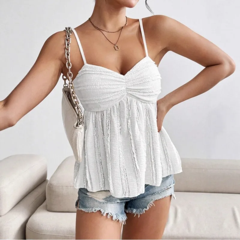 2026 sommer Neue Mode frauen Top Spaghetti Strap Leibchen Rüschen Saum Brust Falten Süße Sommer Bluse Y2k Kleidung