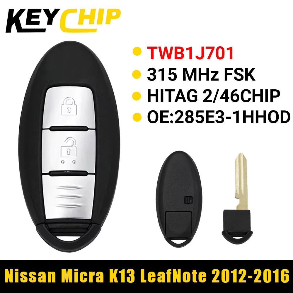 KC TWB1J701 clé de voiture à distance de carte à puce à 2 boutons 315Mhz pour Nissan Micra K13 March K13 Leaf 2012-2016 avec PCF7952A HITAG2 46 puce