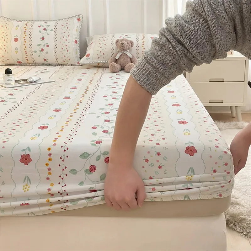 Washed Cotton Mattress Protector Floral Print Sheet With Elastic Band Non-Slip Bed Sheet Double Bedspreads Single Fitted Sheet
