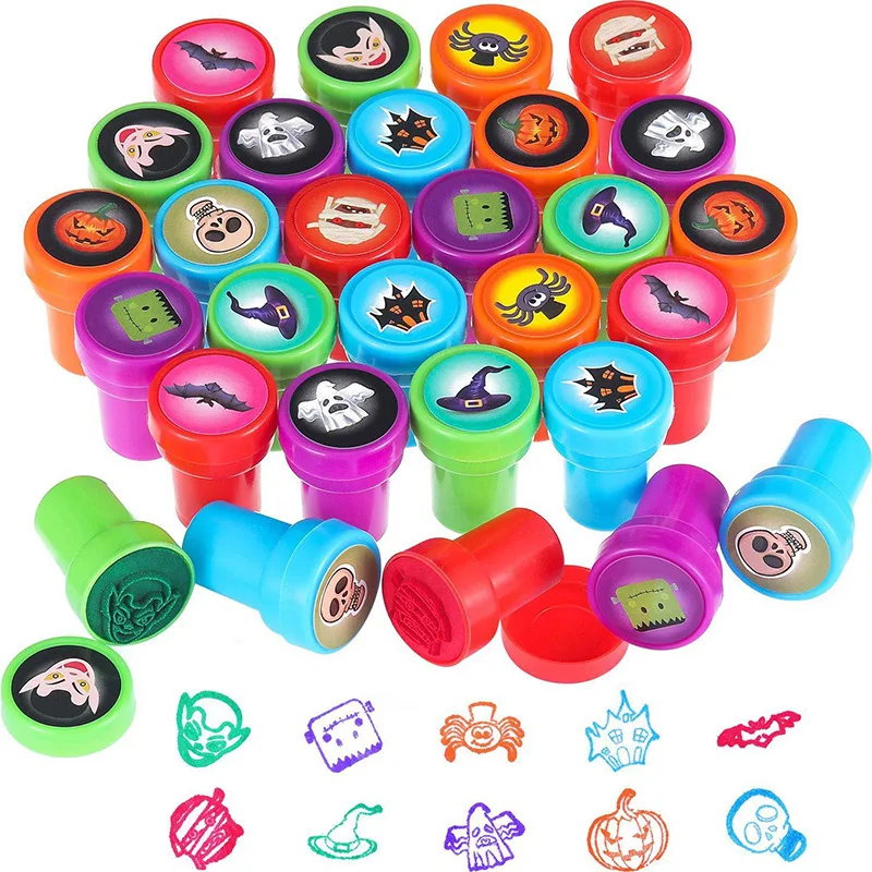 10pcs Halloween Theme Children Stampers Cartoon Party Favors Kids Self-ink Seal Scrapbooking Ghost Spider Pumpkin Stamp