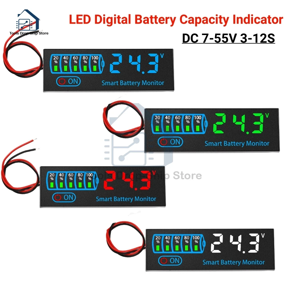 

DC 7-55V LED Digital Battery Capacity Indicator Voltmeter 12V/24V/36V/48V Power Display Panel Voltage Tester for Car Motorcycle