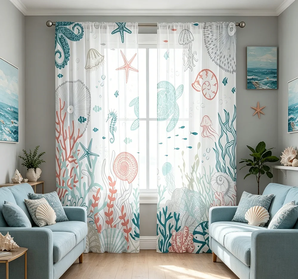 2PCS Digital Printed Sheer Curtain, Summer Ocean Sea Theme, Coastal Beach Nautical Vacation for Living Room Bedroom Home Decor - view 3