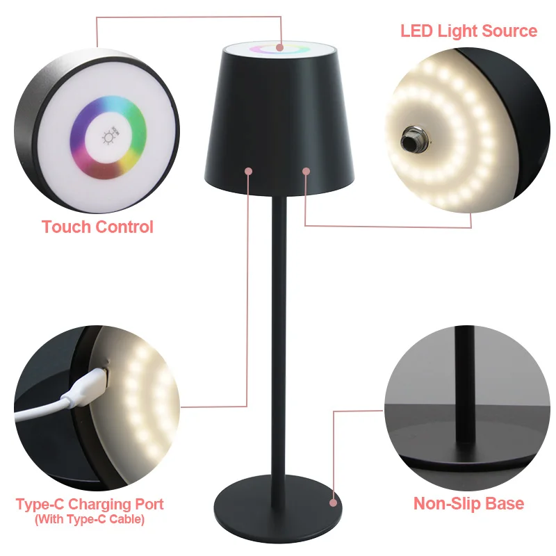 RGB Table Lamp with USB Type-C Charging Port RGB Adjustable Desk Lamp Rechargeable Cordless LED Night Light For Bedroom Outdoors