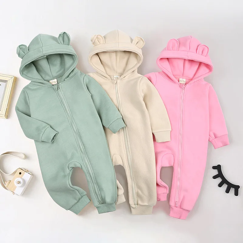 

Fall and winter thickened baby onesie Boys girls zipper hooded long sleeve onesie Thick clothes for 0-18 months