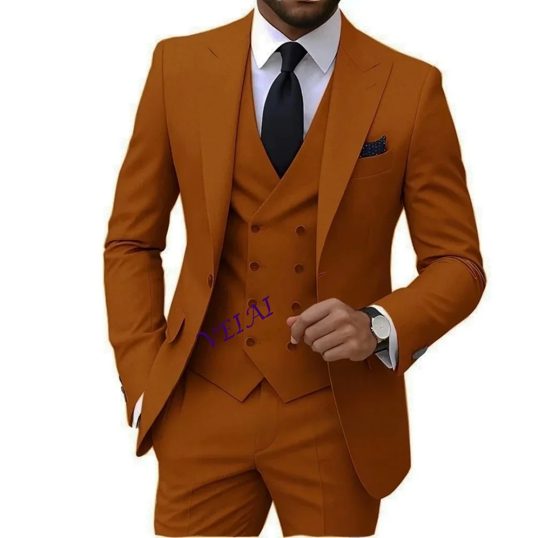 Customized Solid Color Men's Tuxedo Suit Slim Fit 3pcs Set Peak Lapel Classic Formal Business Wedding Groomsmen Smoking Suit