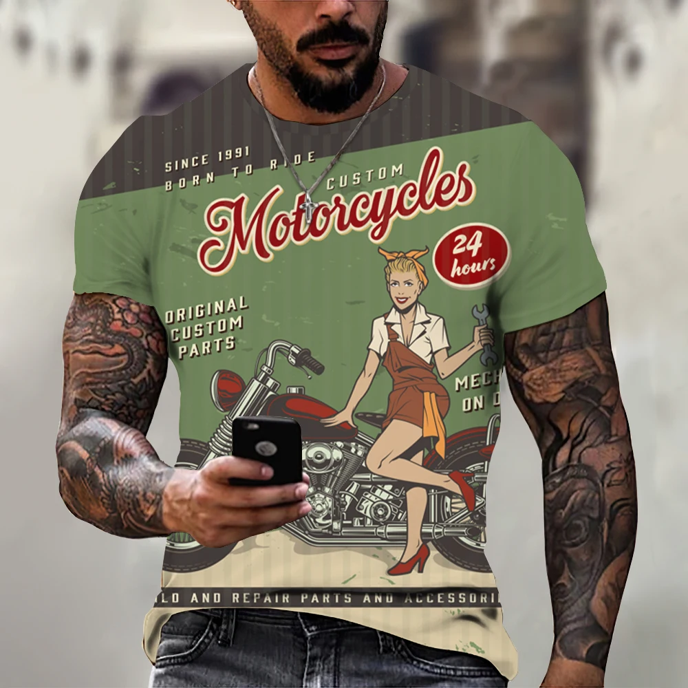 Vintage Men\'s T Shirt 3d Retro Motorcycle Oversized Tshirt For Men Clothing Biker Racing T-shirts Motor Tees Tops Summer Apparel