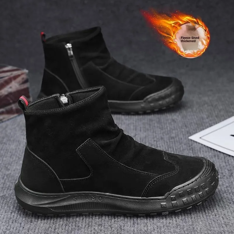 

High Top Men's Plush Boots Punk Non-slip Snow Boots Waterproof Leather Boots Side Zipper Ankle Boot Desert Boot Bota Masculina