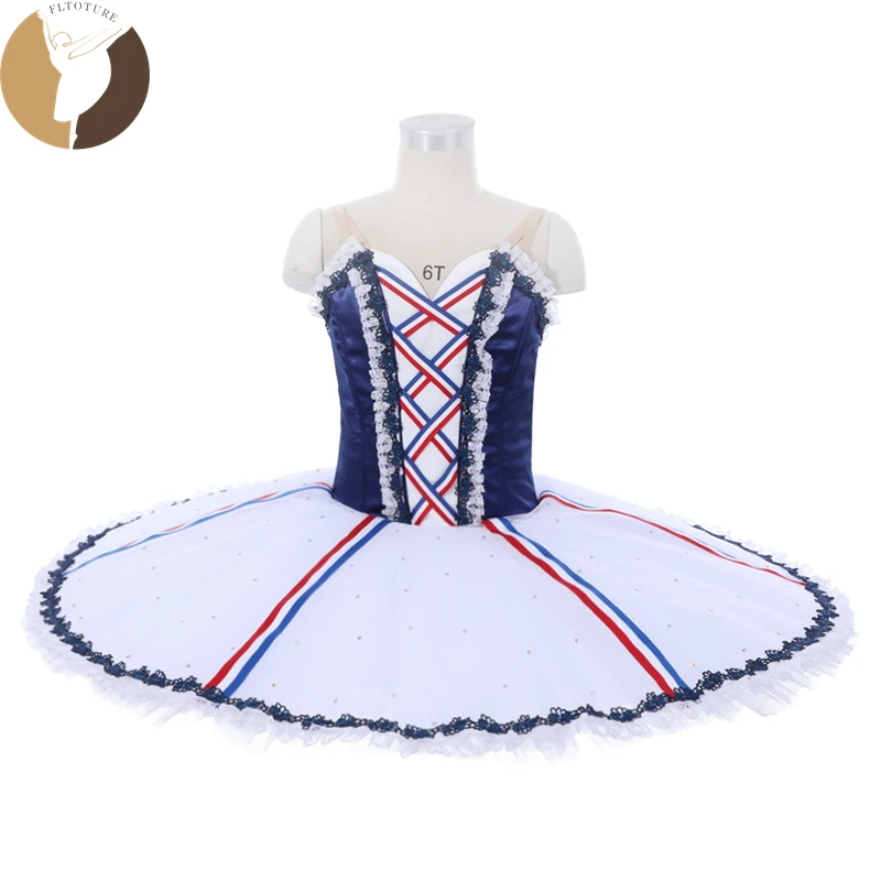 

FLTOTURE Adult Kids 12 Layers White Blue Pancake Tutu Skirt Ballerina Ballet Competition The Flames of Paris Stage Costumes