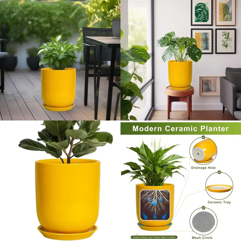 

10 Inch Indoor-Outdoor Yellow Ceramic Plant Pot with Drainage and Saucer