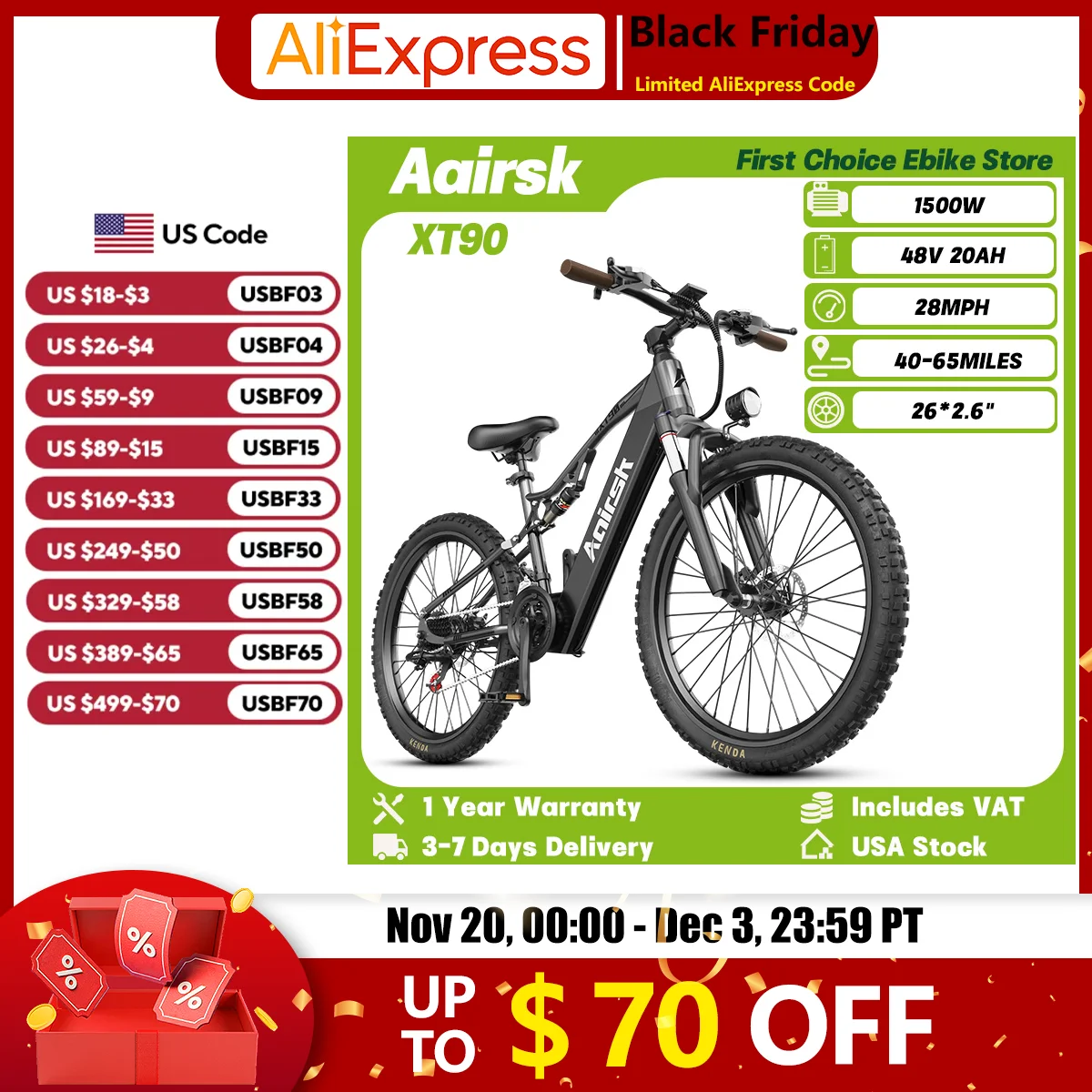 

Aairsk XT90 Adult Travel Mountain Ebike 1500W 48V 20Ah Off-Road Electric Bicycle 26*2.6" Tire Full Suspension Snow Electric Bike