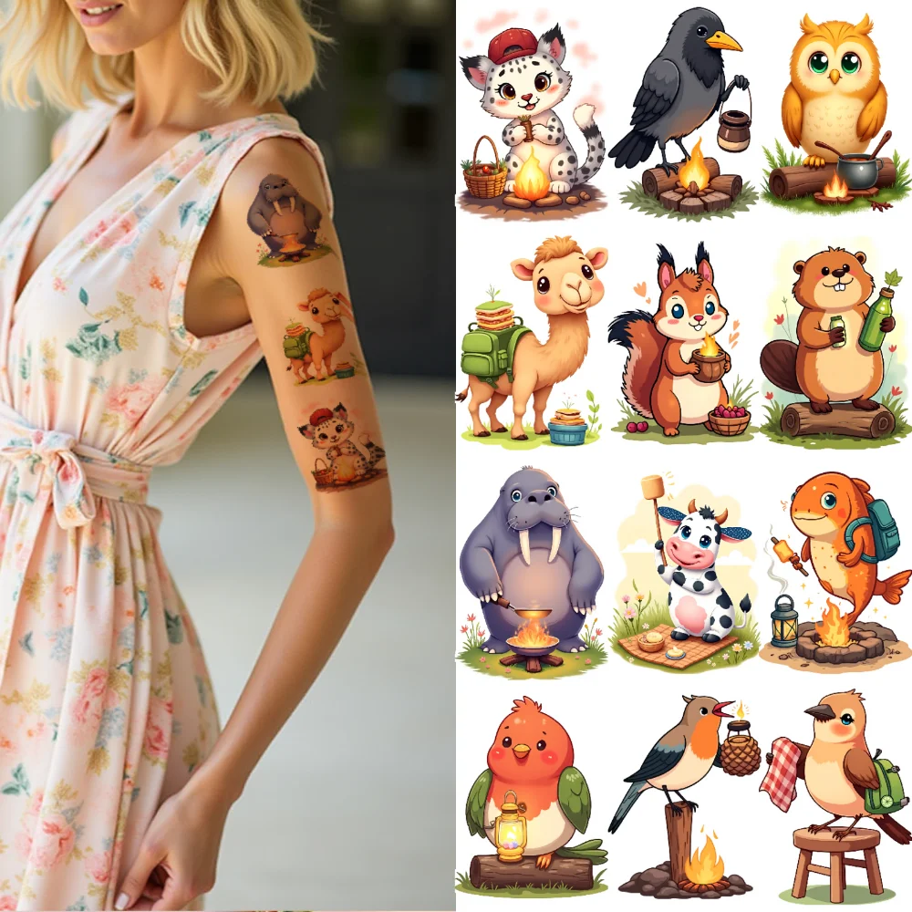 

28pcs Temporary Tattoo Camping Stickers Cartoon Animal Stickers Waterproof Long-lasting Body Stickers For