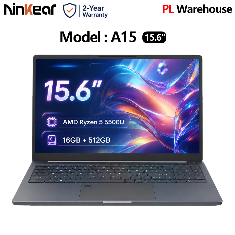 Ordinateur portable Ninkear A15 15,6 pouces FHD IPS AMD Ryzen 5 5500U, 16 Go de RAM, 512 Go de stockage, déverrouillage par empreinte digitale, Windows 11 Pro, Office Notebook