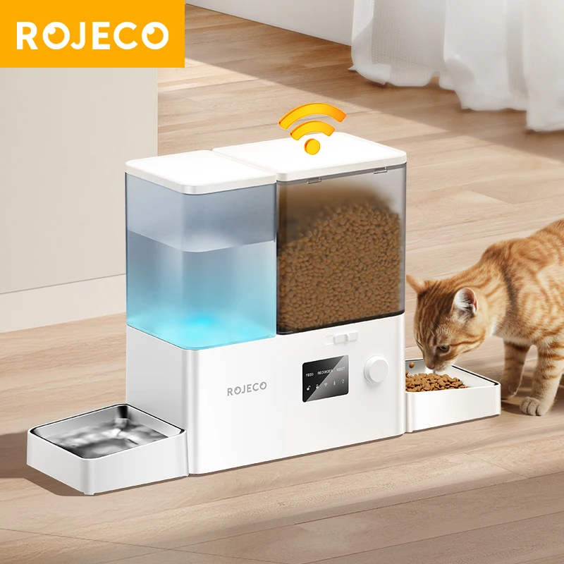 ROJECO 8,5L Automatischer Katzenfutterautomat für Haustiere 2-in-1 Schwerkraft-Katzenwasserbrunnen Intelligenter Futterautomat für Katzen und Hunde Trinkbrunnen-Zubehör