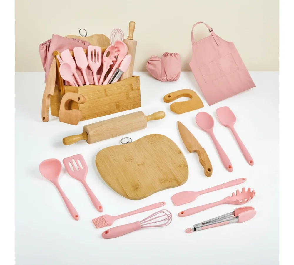

Kids Cooking & Baking Set 17PCS Real Chef Utensils Kitchen Toy Safe Knife Apron Basket Gift for Girls Boys