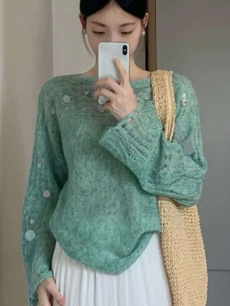 

Elegant Knitted Sweater Women Hollow Out Sequins O Neck Long Sleeve Sweet Pullover Ladies Casual Jumper Temperament