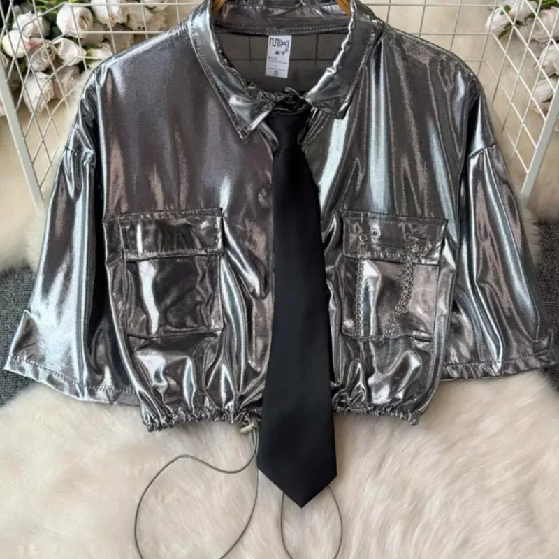 

Jazz Dance Performance Costume American Retro Silver Short Sleeved Shirts Draw String Waist Cinching Chic Design Workwear Tops