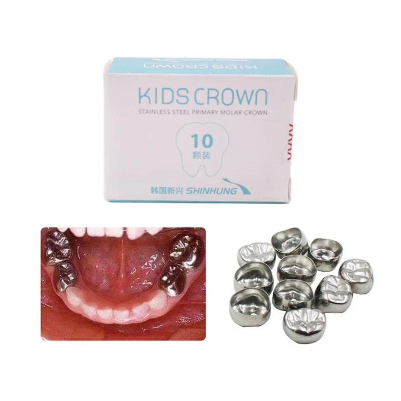 10PCS Dental Kids Primary Molar Crowns Stainless Steel Preformed Crown UL-UR-LL-LR Pediatric 48 Size for 1st 2nd Molar Teeth