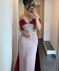 Customized V-Neck Pink Burgundy Mermaid Luxury Arabic Evening Dresses Dubai Engagement Dress Formal Women Prom Party Gowns 2024