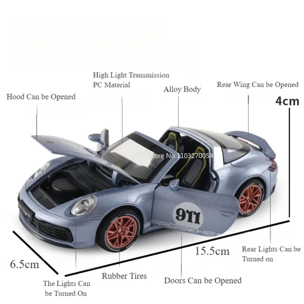 1:32 911 Targa 4S Convertible Diecasts Model Alloy Boys Toys Miniature Supercar 4 Door Opened Vehicle Collectibles for Kid Gifts