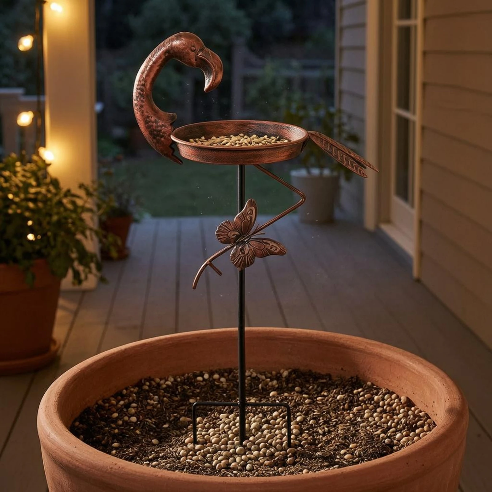 Flamingo Bird Bath Shallow Round Bowl Stake Bird Bath Garden Decor Ground Prong Base Freestanding for Lawn, Yard view 6
