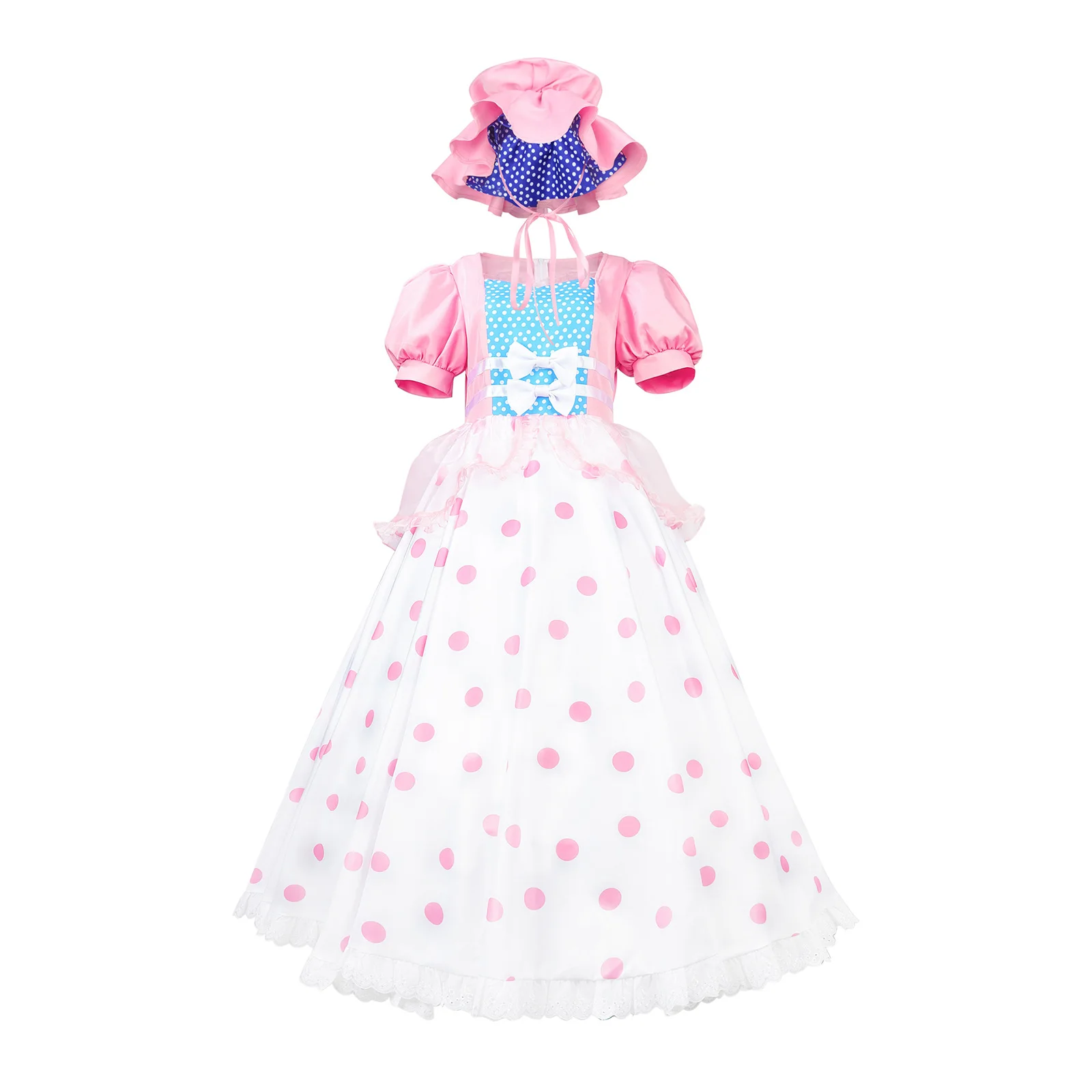 

Awwwcos Shepherdess Long Dress Bo Peep Cosplay Costume Women Girls Pink Polka Dot Dress with Hat Princess Dress Halloween Party