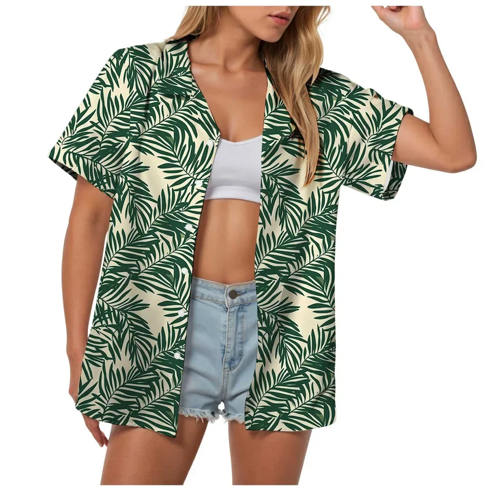 Summer Women's Shirt Tropical Print Hawaiian Shirts Lapel Short Sleeve Button Up Beach Vacation Blouse Holiday Tops And Blouses