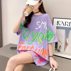 Summer Women Letter Print Oversized Graphic Long T-shirts White Purple Y2k Tops Fashion Large Size T-shirt Harajuku Streetwear