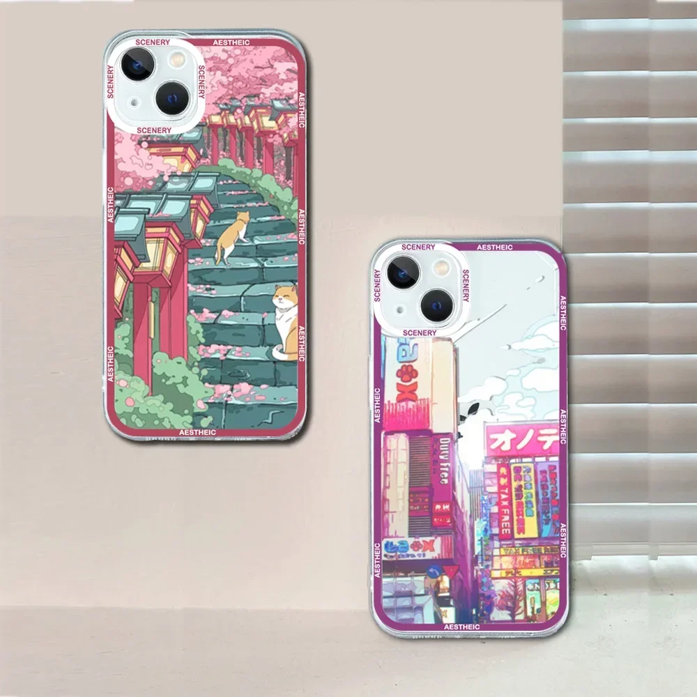 

Japanese Anime Landscape Phone Case For iPhone 16 15 14 13 12 11 Pro Max Mini XS X 7 8 Plus 16E SE Shockproof Cartoon Soft Cover