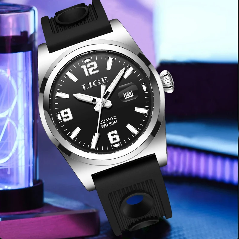 LIGE Luxury Man Watch High Quality Waterproof Auto Date Luminous Men's Wristwatch Silicone Strap Quartz Watches Casual Clock+Box