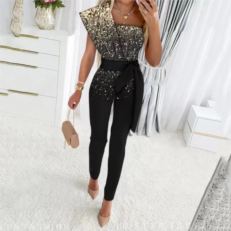 Women's Sequins Patchwork Bodycon Jumpsuit Summer Elegant Fashion One Shoulder Prom One Piece Belt Trouser Overalls Jumpsuits