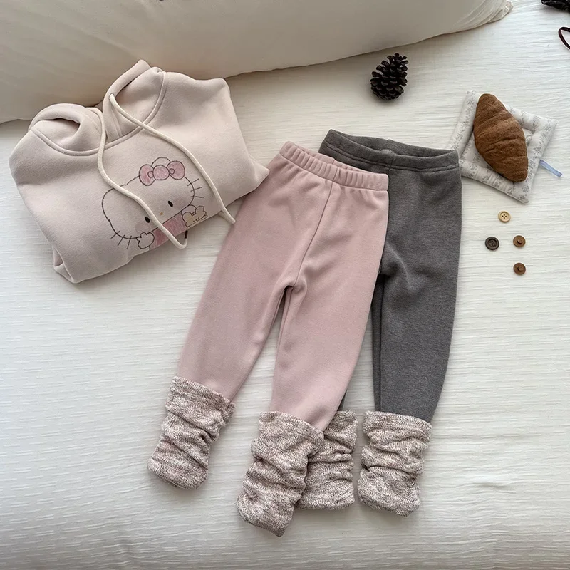 Girls Pants 2024 Winter New Childrens Wear Korean Style Baby Girl Cute Net Color Pants Legs Wool Rolled Pants Casual Simple