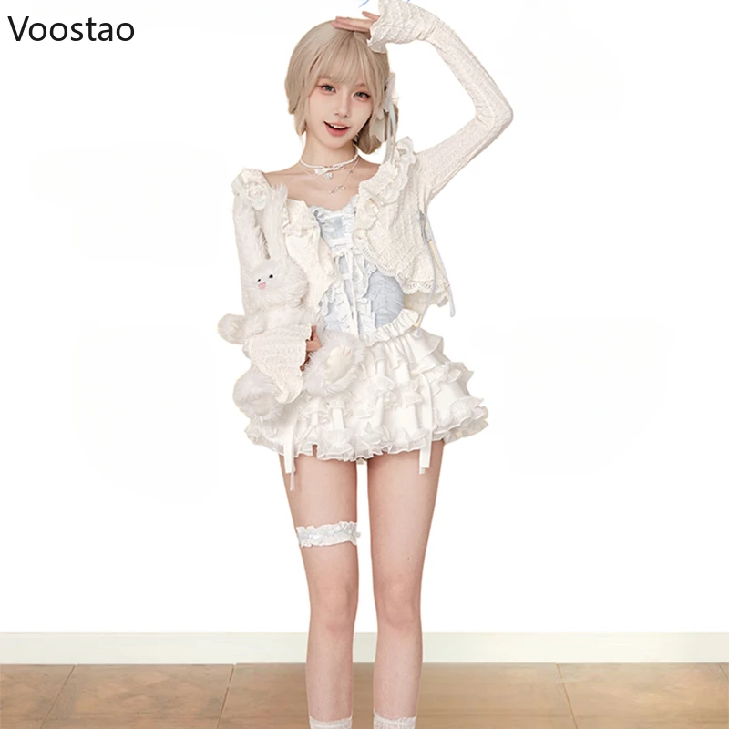 Sweet Lolita Style 3 Piece Set Women Kawaii Casual Short Cardigan Slim Lace Camisole Vest Y2k Mini Skirt Korean Female Y2k Suit