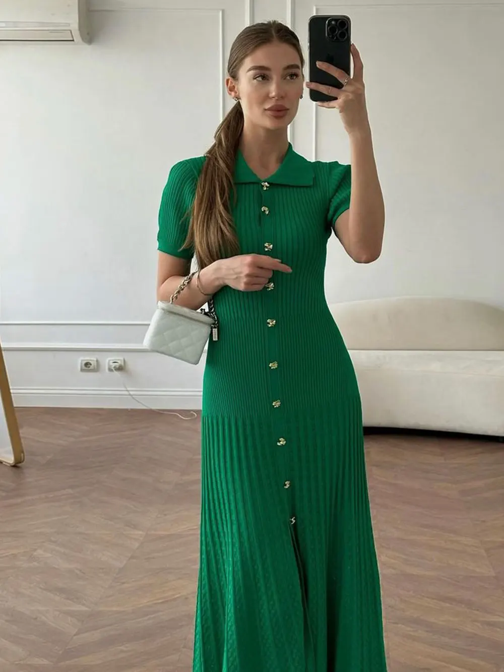 2024 Summer Casual Knitted Dress with Lapel Short Sleeve Slim Fit Single breasted Long Dress Elegant Evening Party Knitted Dress