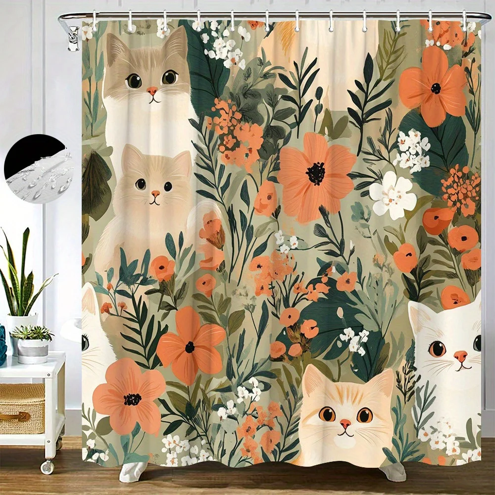 1pc Whimsical Cats & Flowers Shower Curtain - Bright Colors, Expressive Felines, Vibrant Stylized Flowers, Polyester, All-Season