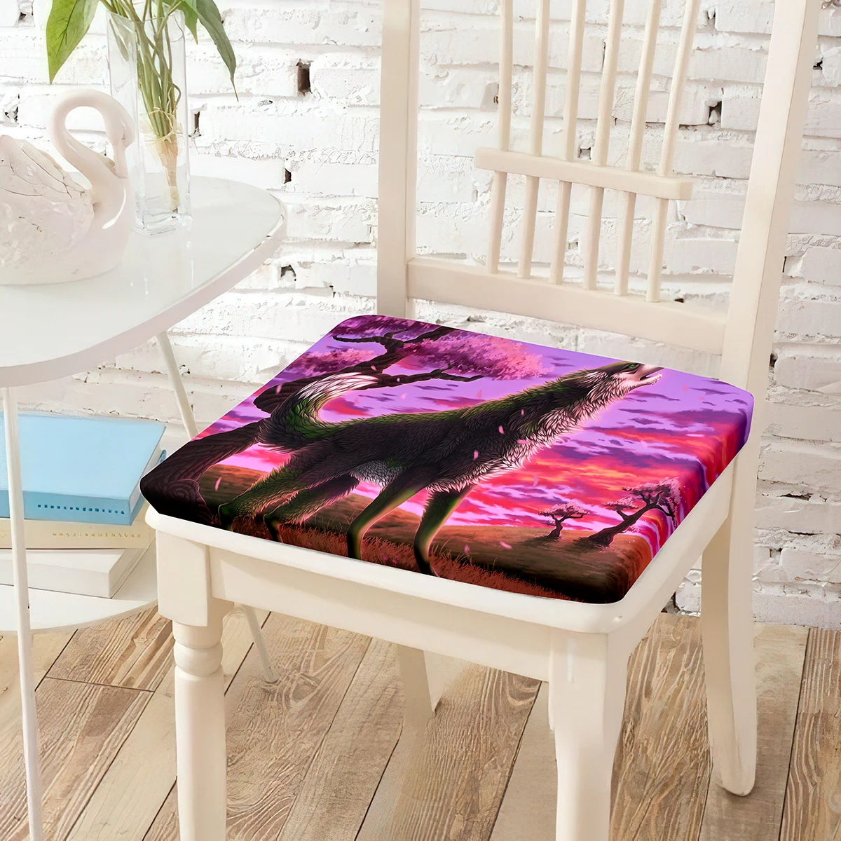 Sakura Wolf Howls Print Chair Cushion Seat Padding Stretch Machine Washable Coat Chairs Pad for Hotel Room Studio Home Decor