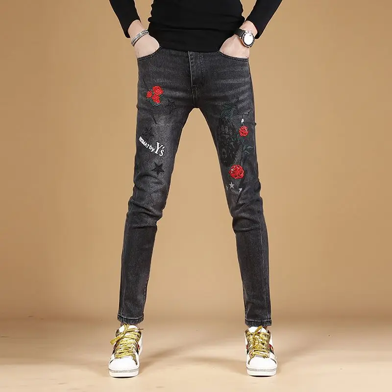 High Quality Men’s Stretch Black Gray Denim Pants,Classic Prints Decors Jeans,Slim-fit Korea Version Casual Pants,Street Jeans .