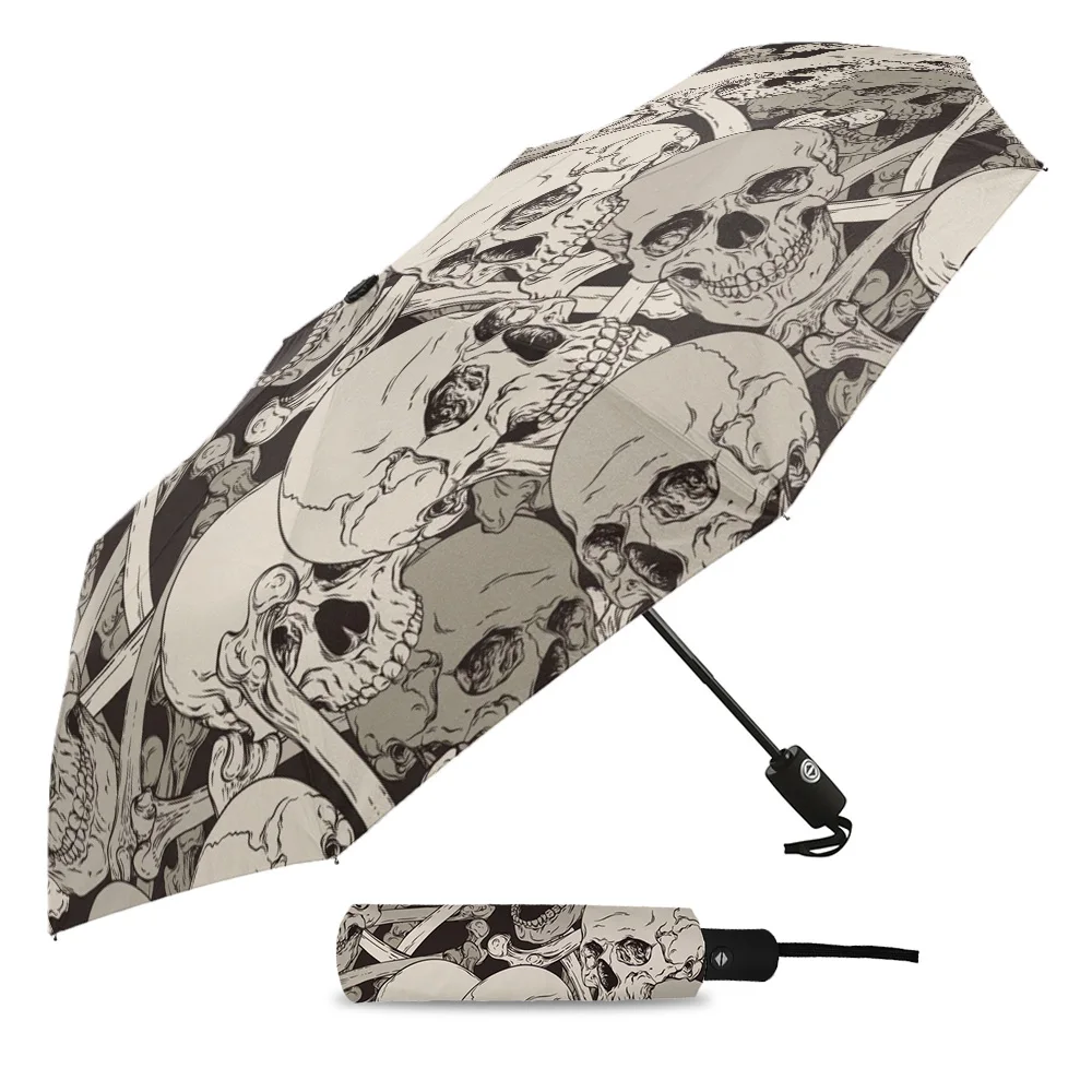 Skull Grey Art Windproof Umbrellas Travel Folding Umbrella for Female Male Eight Bone Automatic Printed Parasol