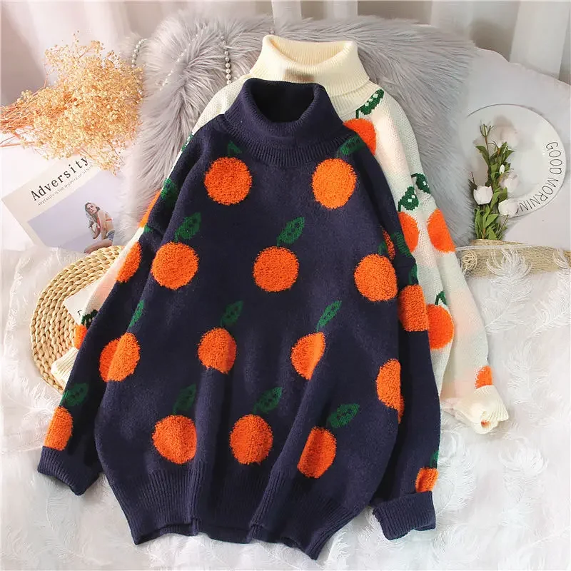 EBAIHUI 2024 Autumn Winter Sweaters Cherry Pattern Long Sleeve Tops Women Turtleneck Knitted Jumpers Pullover Mujer