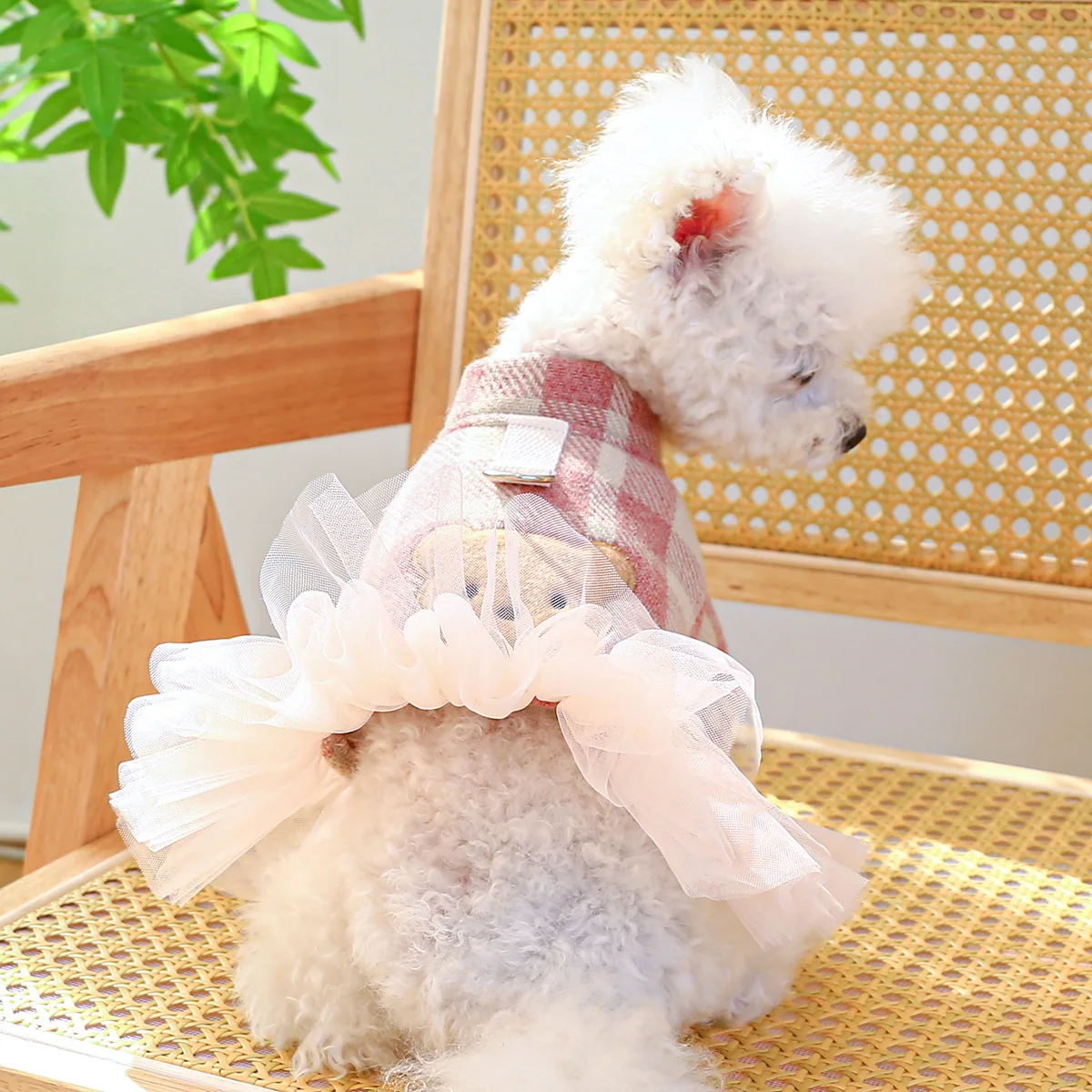 1PC Pet Apparel Dog Autumn/Winter Pink Plaid Little Bear Princess Dress Fluffy Dress with Pull Cord Buckle For Small Medium Dogs