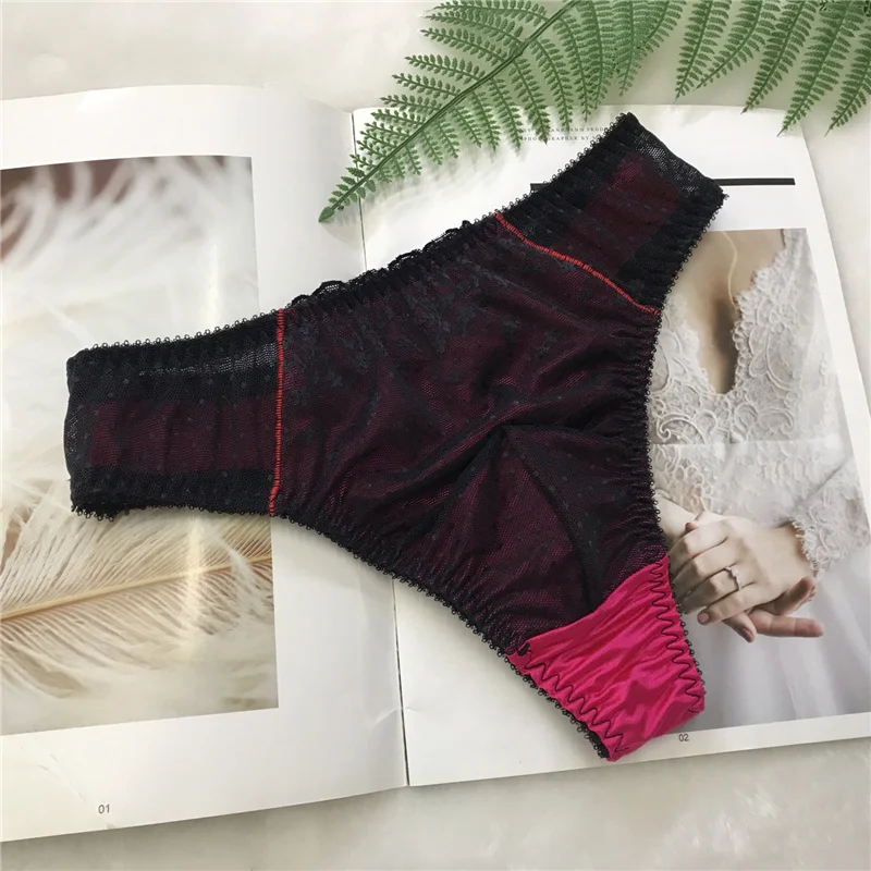 Japanese Style Men's Lace Sheer Thong Briefs Smooth Soft Satin Convex Pouch Underwear Comfortable Sissy G-string T-back Lingerie