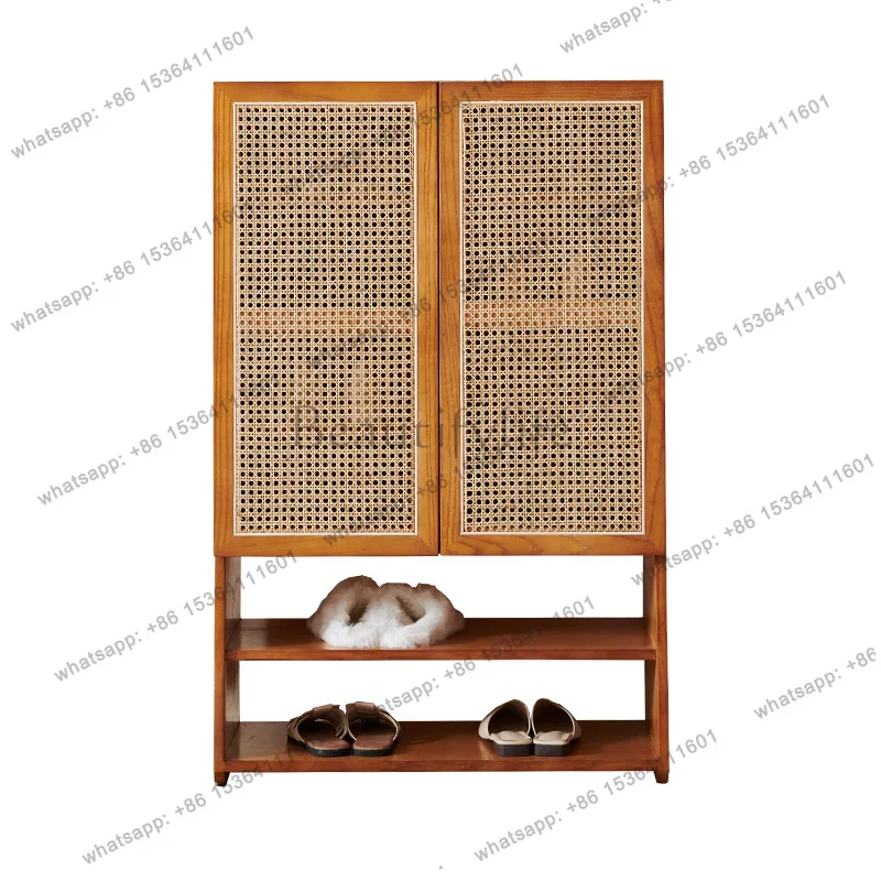 New Chinese-style solid wood household rattan storage entrance shoe cabinet integrated cabinet