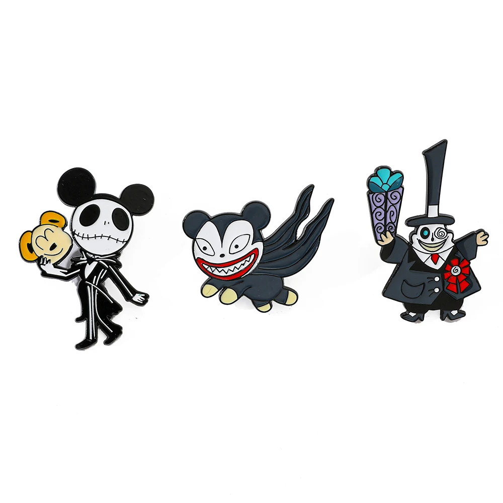 Broche de dibujos animados de pesadilla antes de Navidad, insignia de Metal, Pin de Mickey, esqueleto creativo, accesorios de joyería, regalo de Halloween, 3 piezas