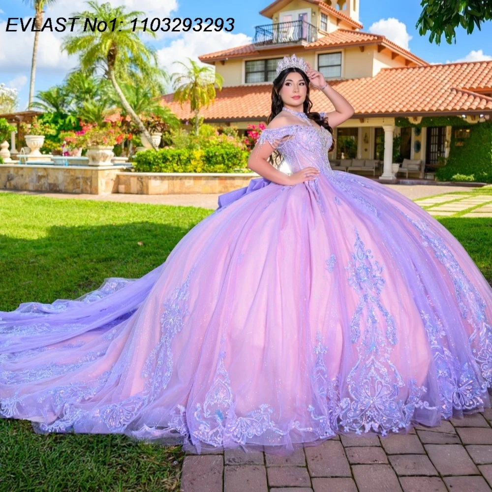EVLAST Customized Shiny Lilac Quinceanera Dress Ball Gown Lace Applique Beading Bow Corset Sweet 16 Vestidos De 15 Anos AQ249