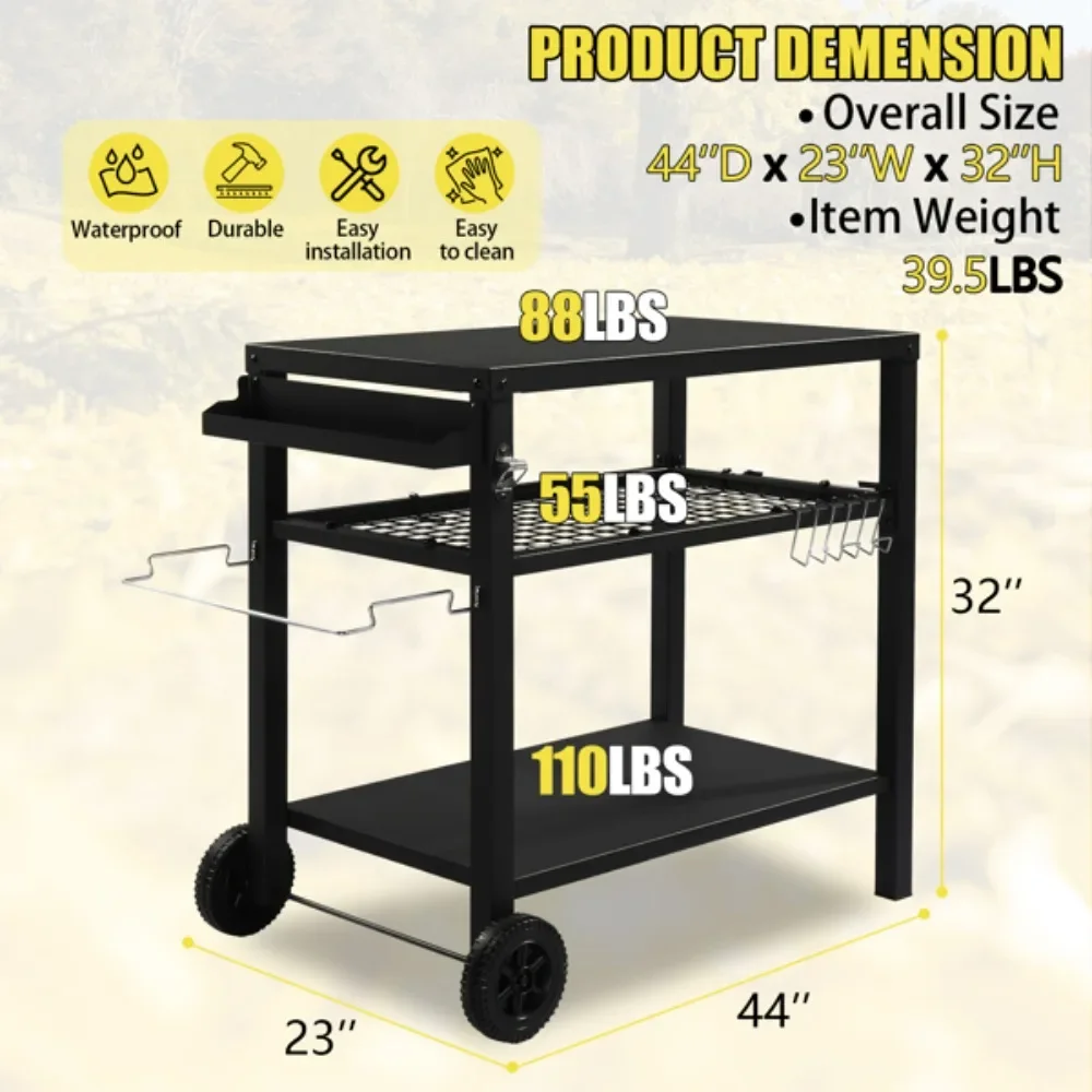 Outdoor Grill Cart Three-Shelf Grill Table, Movable BBQ Trolley Food Prep Cart with Two Wheels & Hooks, Black BBQ Grills Cart