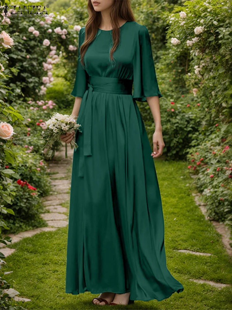 エレガントな女性用ベルト付きオフィスドレス ZANZEA 2025 欧風ラッフルロングヘムスリット入りサテンシルクサンドレス ファッション半袖パーティードレス