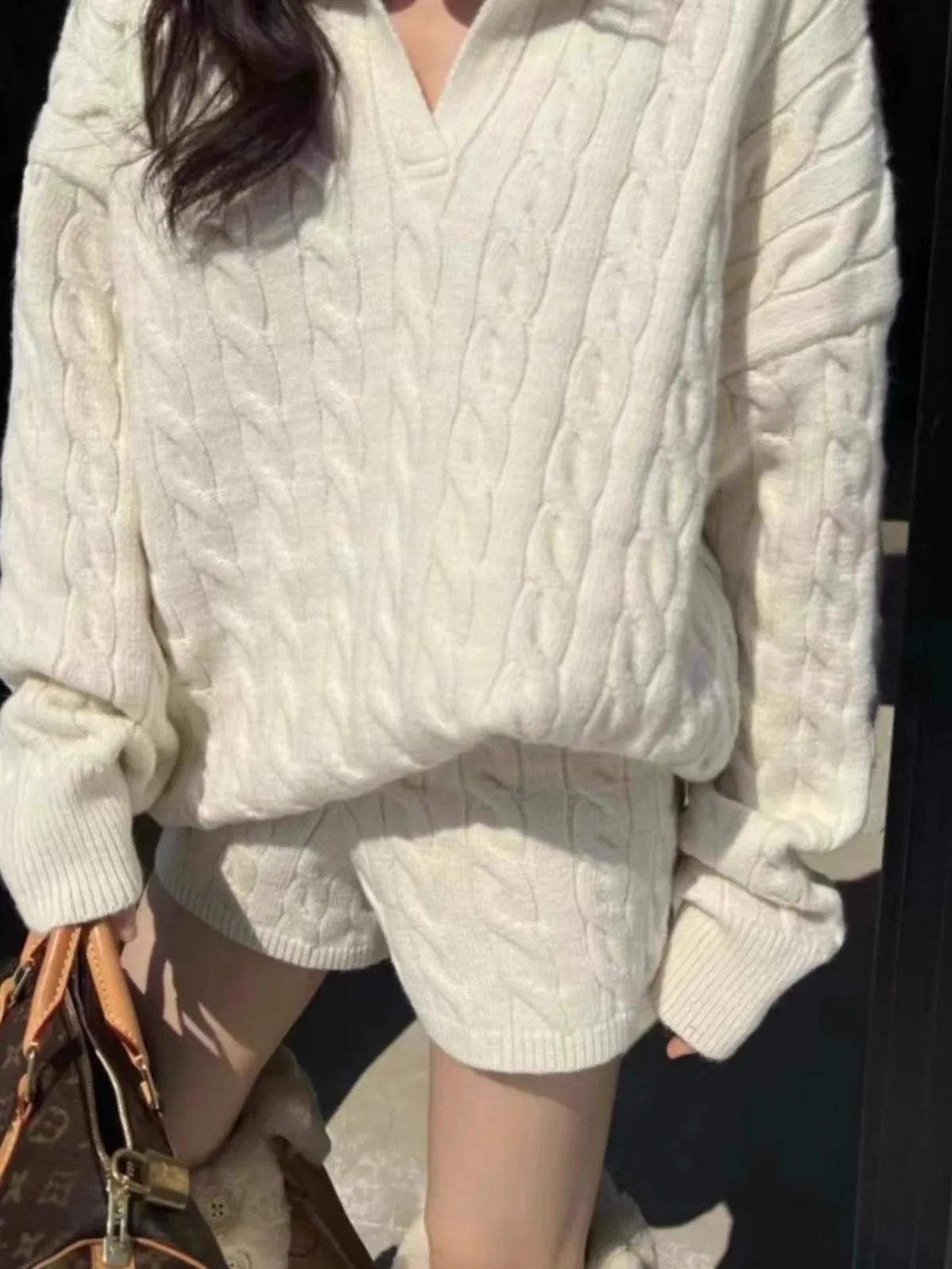 Loose  Neck Knitted Sweater And Shorts Set for Women Fashionable Lazy Style Twist Knit Top And Bottoms Two-Piece Suit