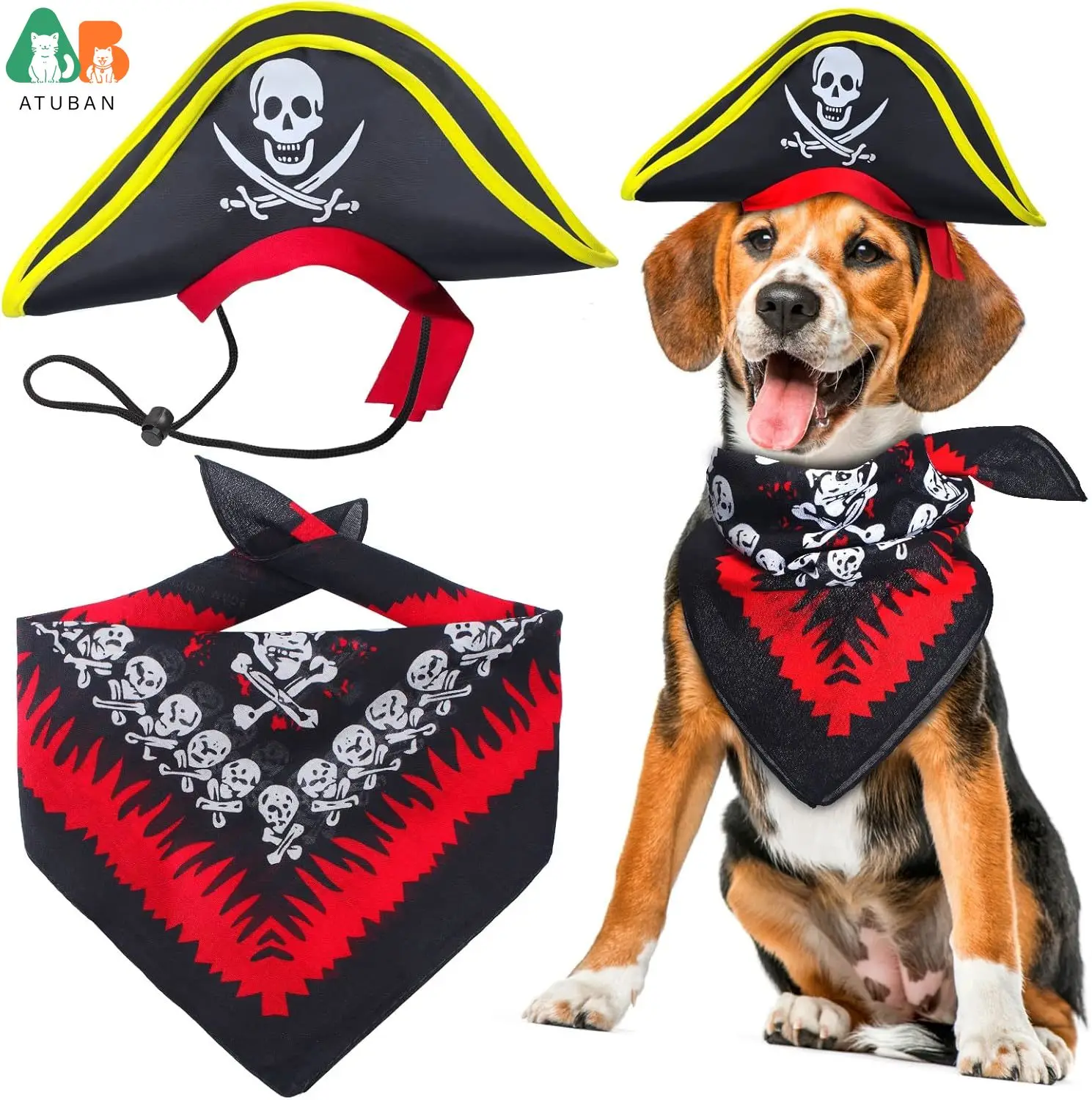 

ATUBAN Skull Print Pet Pirate Hat with Pirate Skull Bandana Dog Cat Captain Cap Halloween Pirate Cosplay Costume Halloween Party