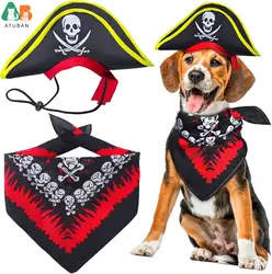 ATUBAN Skull Print Pet Pirate Hat with Pirate Skull Bandana Dog Cat Captain Cap Halloween Pirate Cosplay Costume Halloween Party